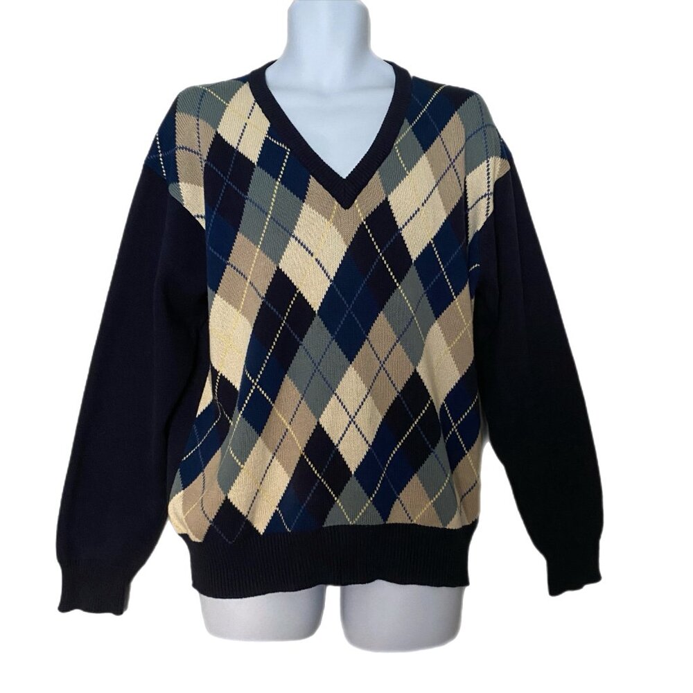 Greenwich Sweater Pullover Men's Vintage Argyle Print Blue 100% Cotton V Neck M